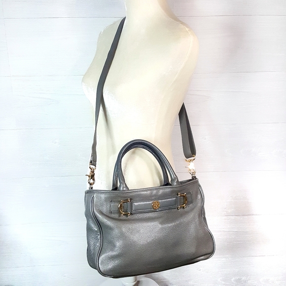 Tory Burch Leather Horsebit Satchel Crossbody Handbag Gray - Picture 8 of 16